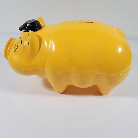 Vintage Yellow Hard Plastic Hat Tipping Piggy Bank No Bottom Stopper - Picture 2 of 9